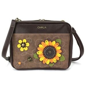 Chala Brown Crossbody Yellow Sunflower Bee Faux Leather Whimsical Floral Nature